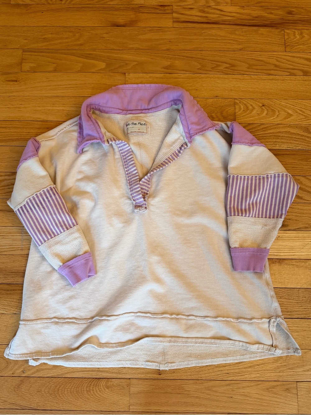 We The Free Clean Polo Prep Long Sleeve Shirt Lavender and Tan Small